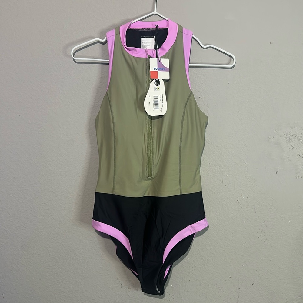 NEW Prana Baja Bound One Piece Swimsuit Color Block Pink Black Green Size XS